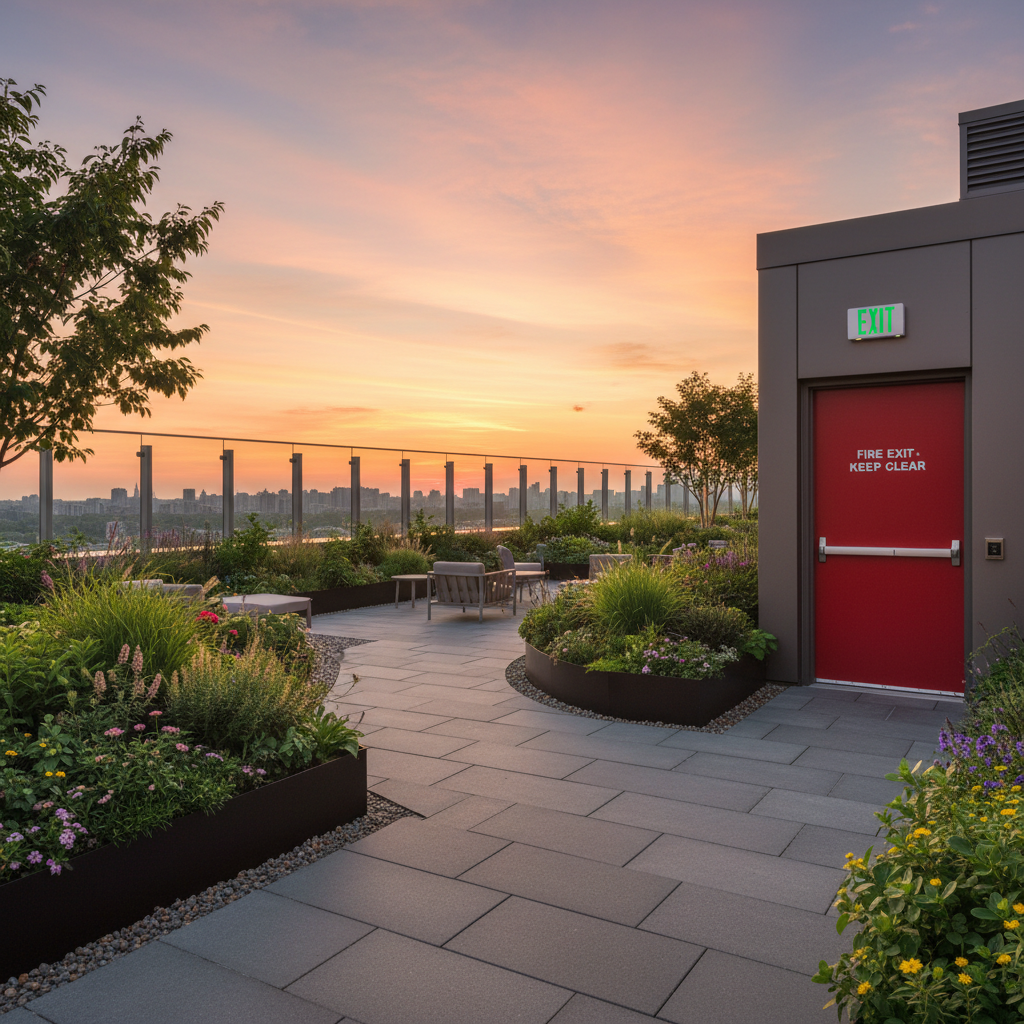 Rooftop terrace garden on a high rise building at sunset, walking path leading to a marked fire exit door