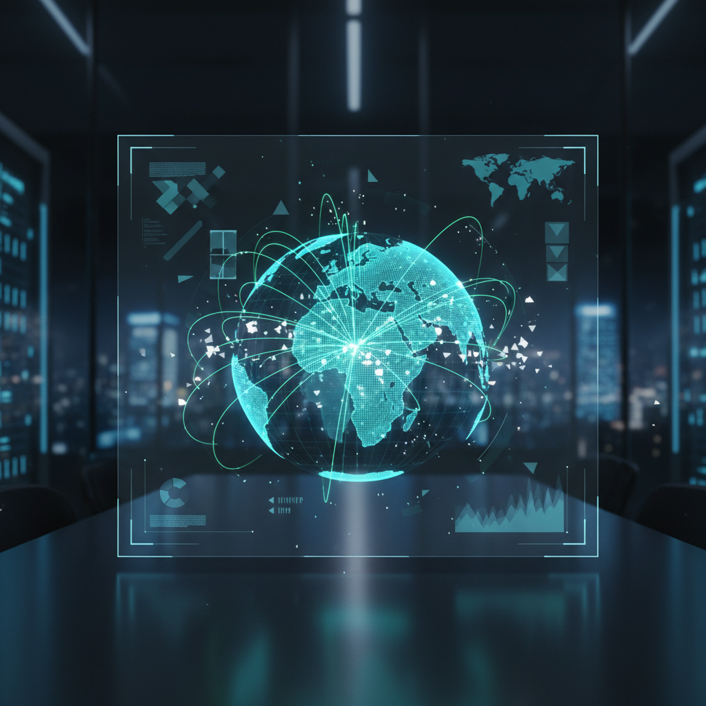 A clean, high-tech holographic dashboard floating in the air displaying a globe with clear green shipping routes, minimalist UI, bright teal and white data points