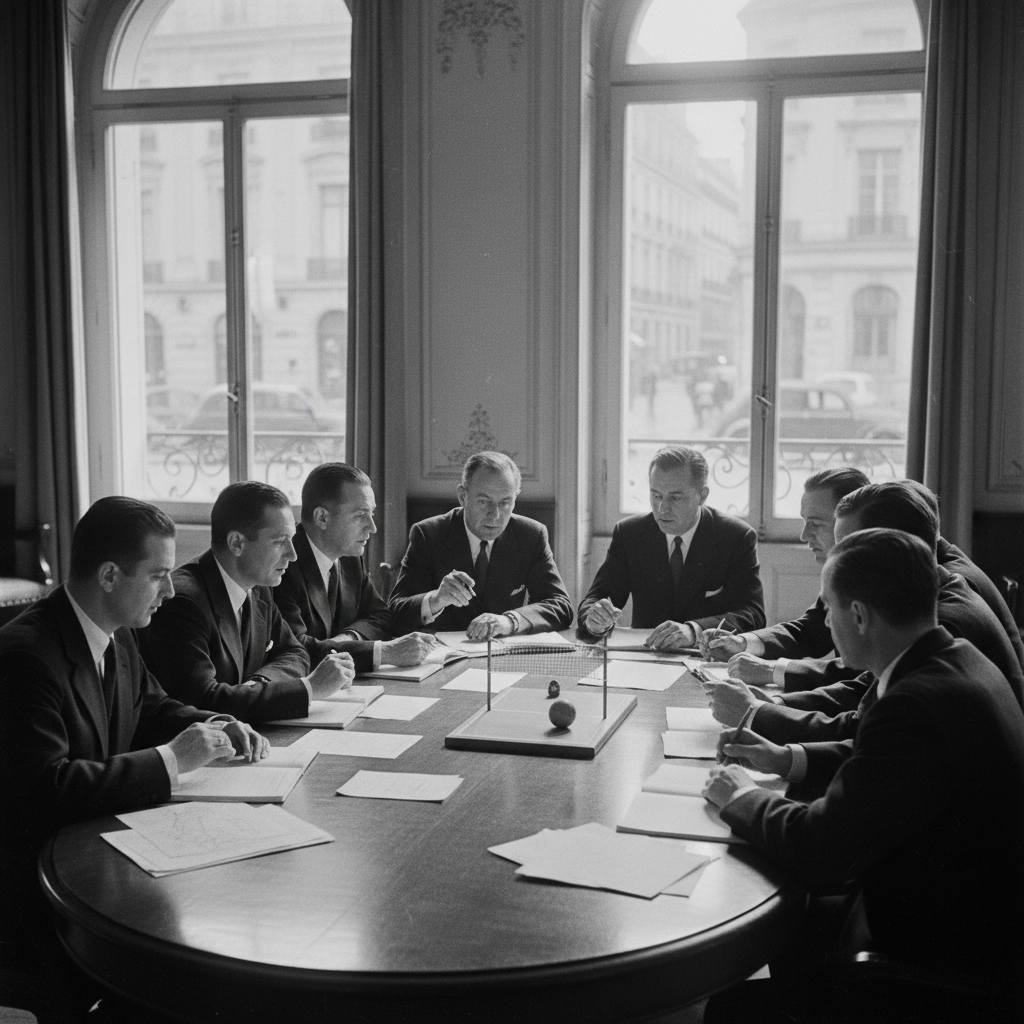 Meeting of delegates in 1947 Paris, retro style, suits, discussing documents on a table with a volleyball net model, black and white photography style