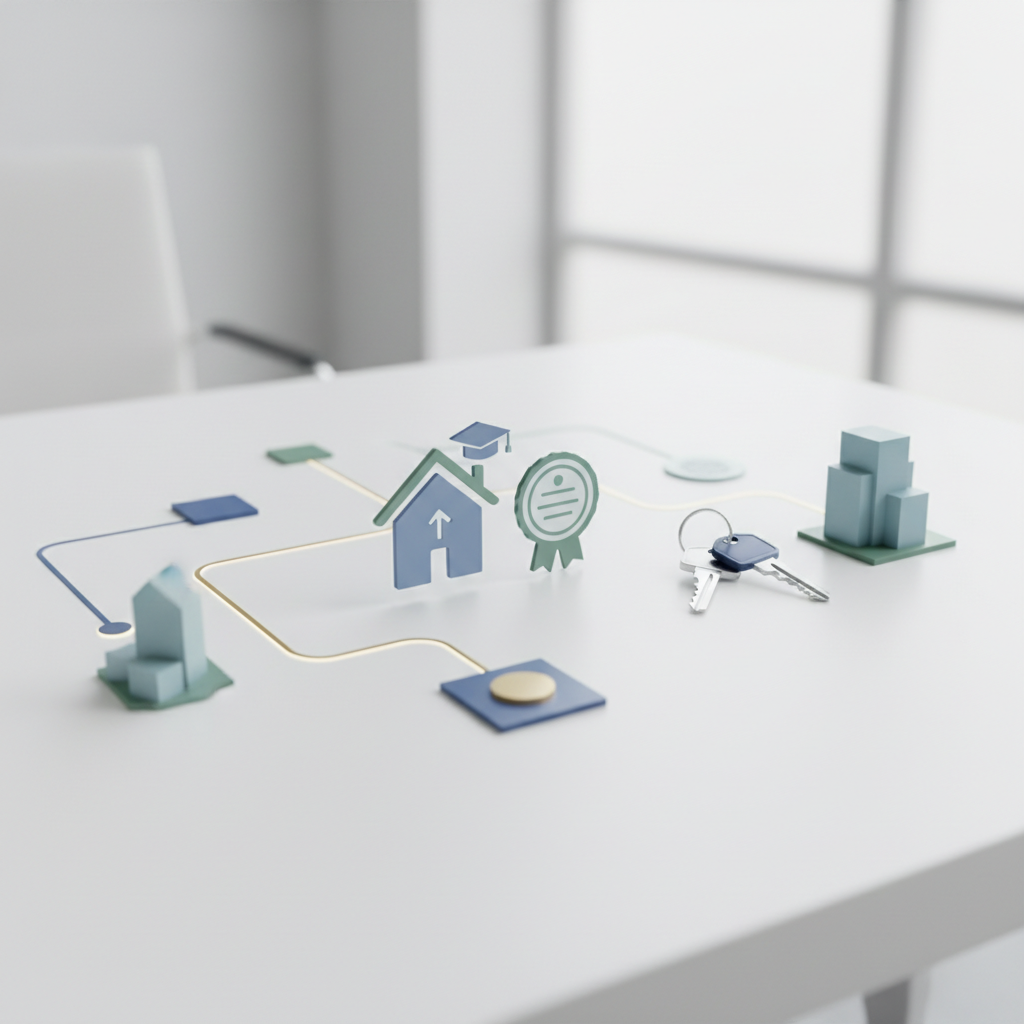 minimalist flowchart graphics icons on a clean desk, real estate license concept, education, certification, office keys, 3d render