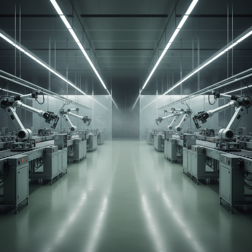 Modern minimalistic clean factory floor with green floors and organized assembly lines, cinematic lighting, industrial photography