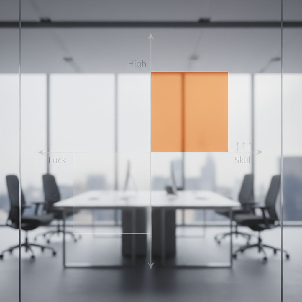 A 2x2 matrix diagram drawn on glass, corporate style, showing quadrants of Skill vs Luck, with the top right quadrant highlighted in orange
