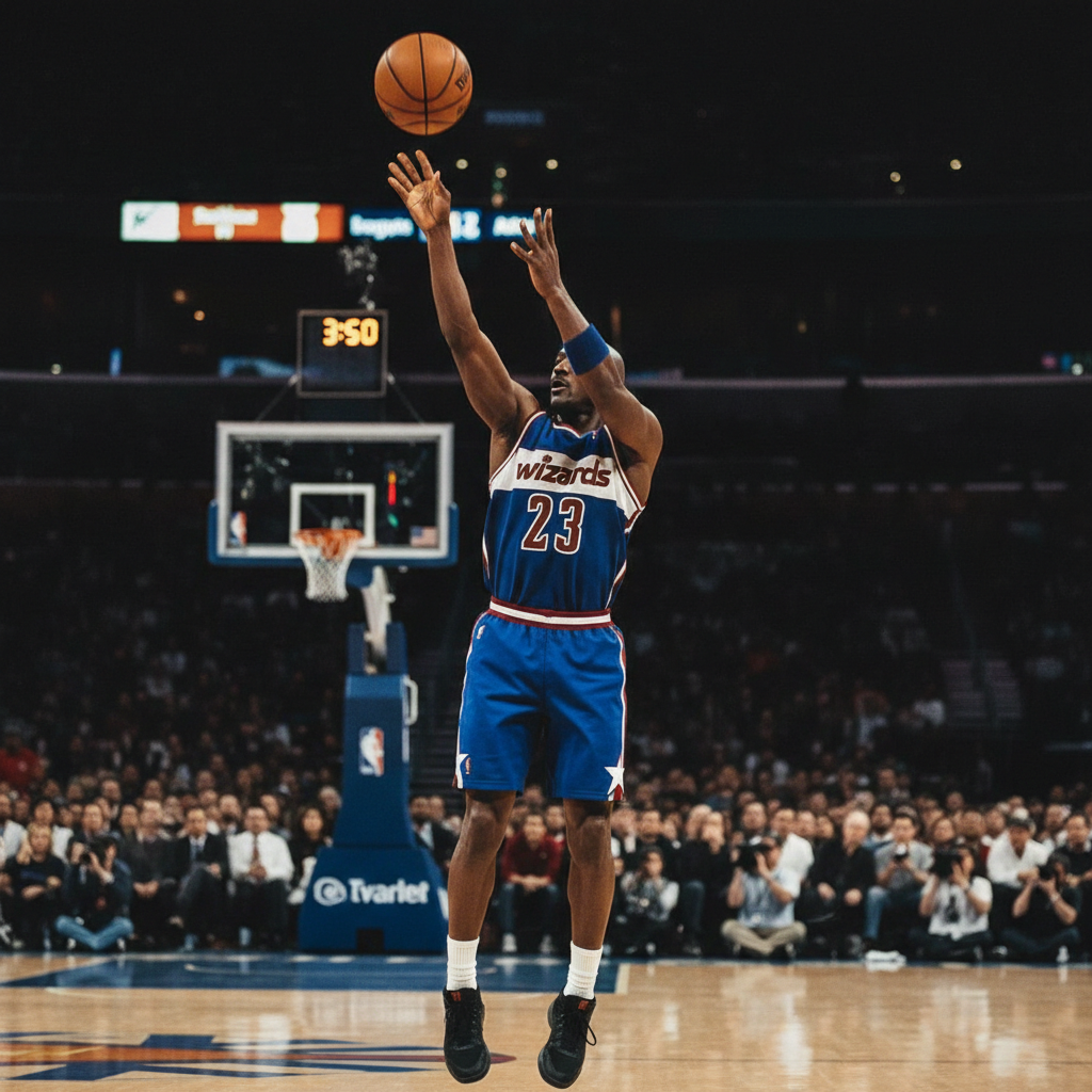 Michael Jordan in blue Washington Wizards uniform shooting a jumper
