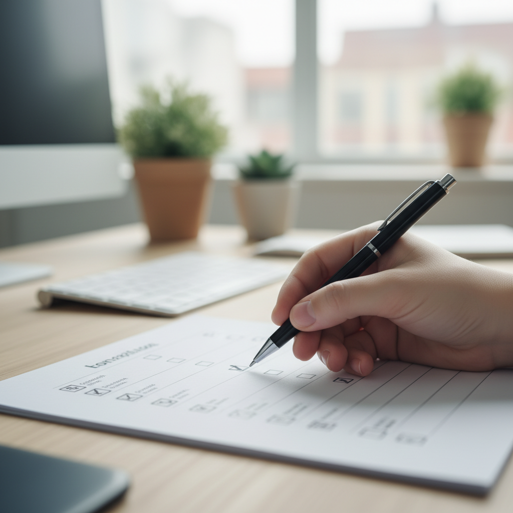 close up of a hand checking off items on a list, checklist concept, soft focus, office setting