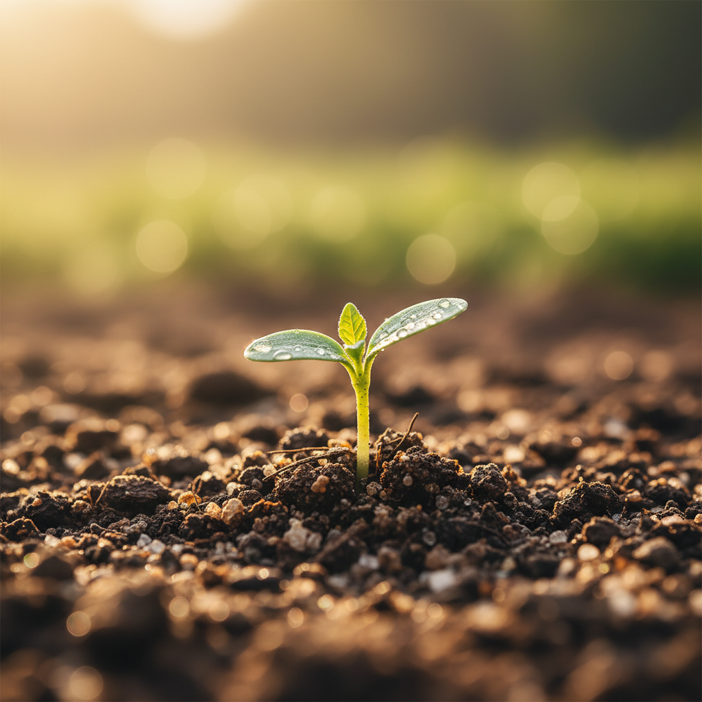 Macro photography of a small green seedling sprouting from fertile soil, bathed in golden hour sunlight, representing growth and nurturing, high detail