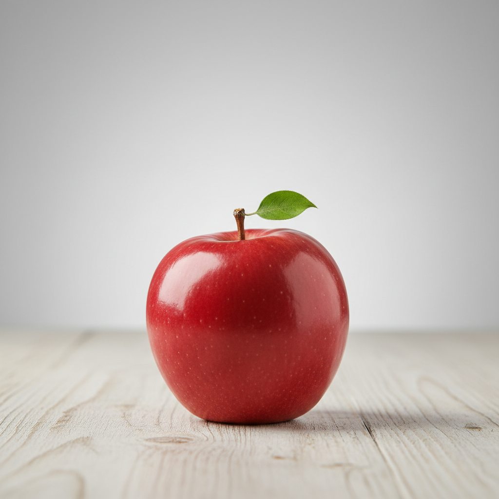 A single bright red apple on a wooden table, hyper-realistic, studio lighting, simple background