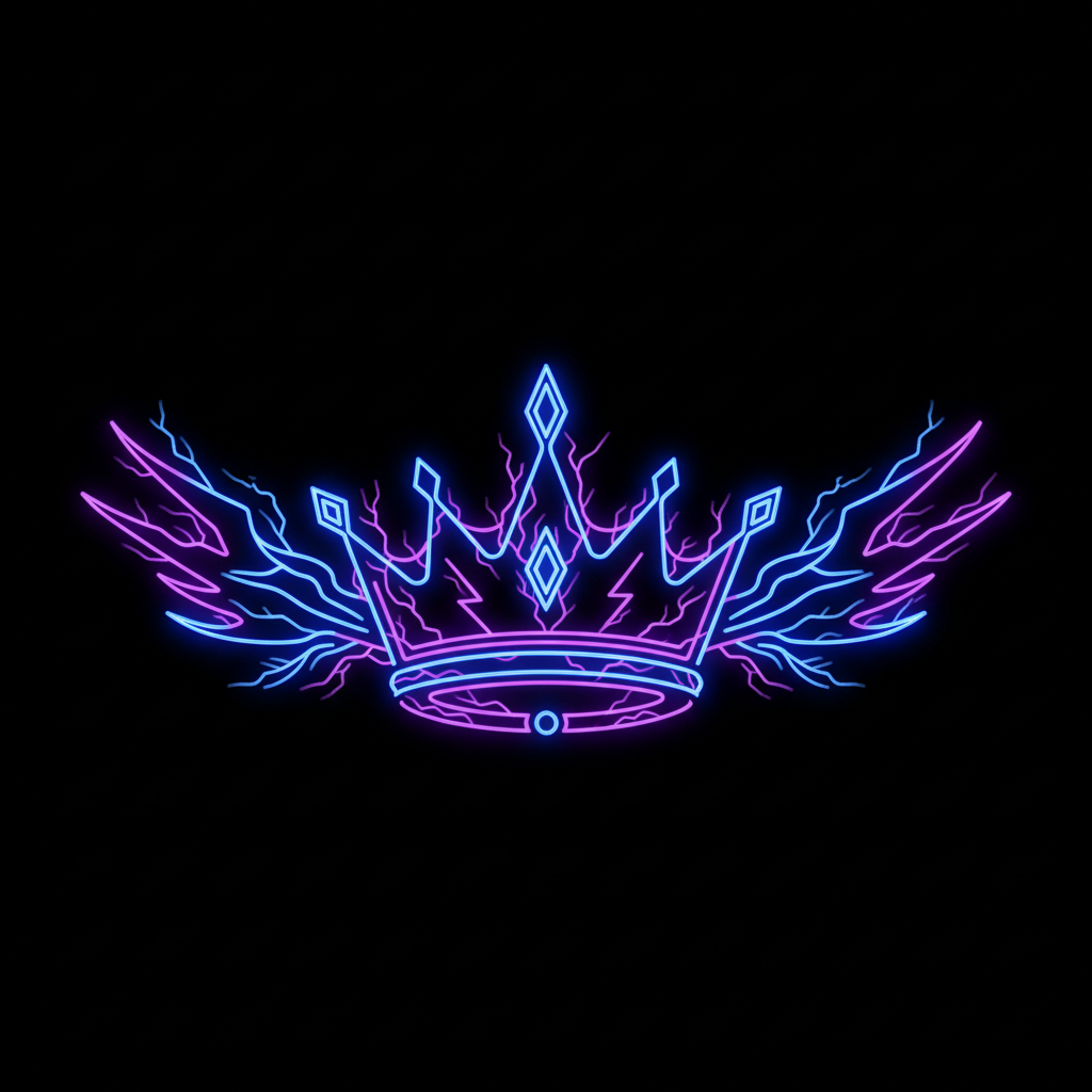 Crown icon or king metaphor, neon lightning, dark background