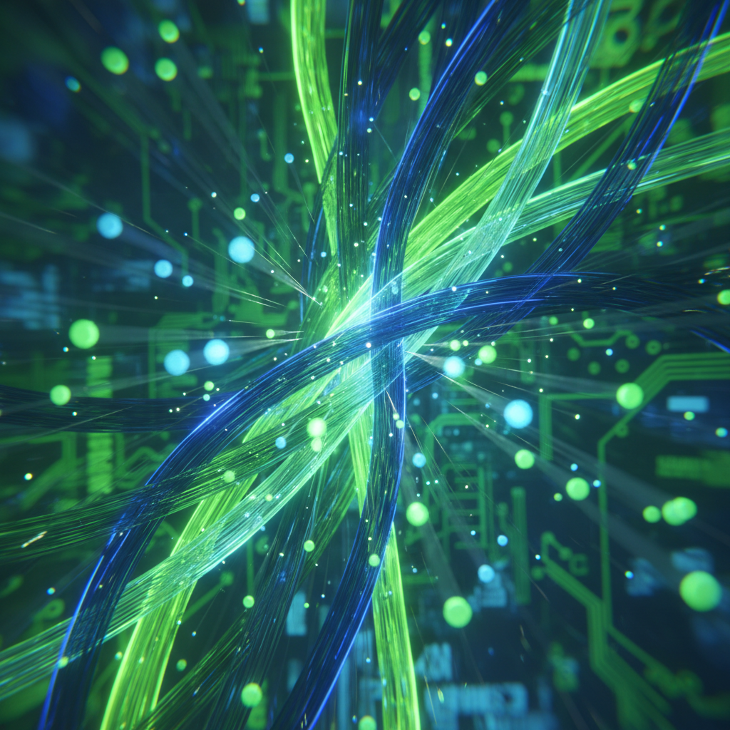 High-tech fiber optic cables glowing with neon green and blue light, representing 5G and connectivity speed, cinematic, macro photography style
