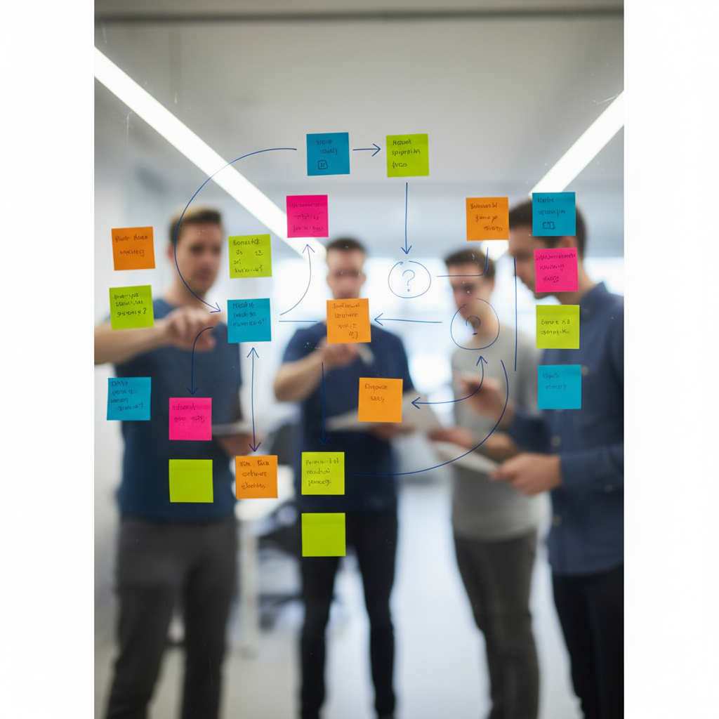 Abstract diagrammatic photography, post-it notes on glass wall, designers discussing, blurred motion, creative process vibe