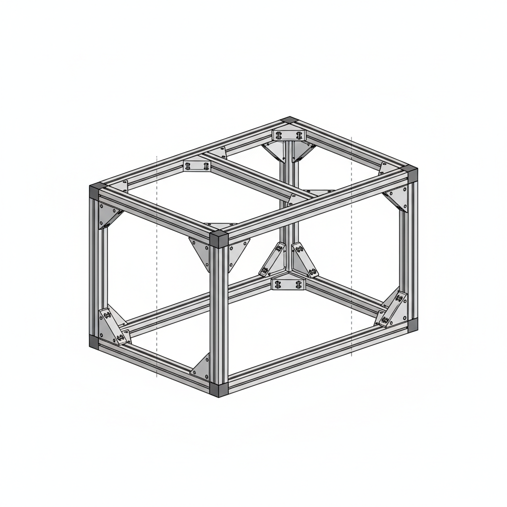 Professional schematic diagram of an assembled aluminum profile frame, clean engineering drawing style 3d render, white background