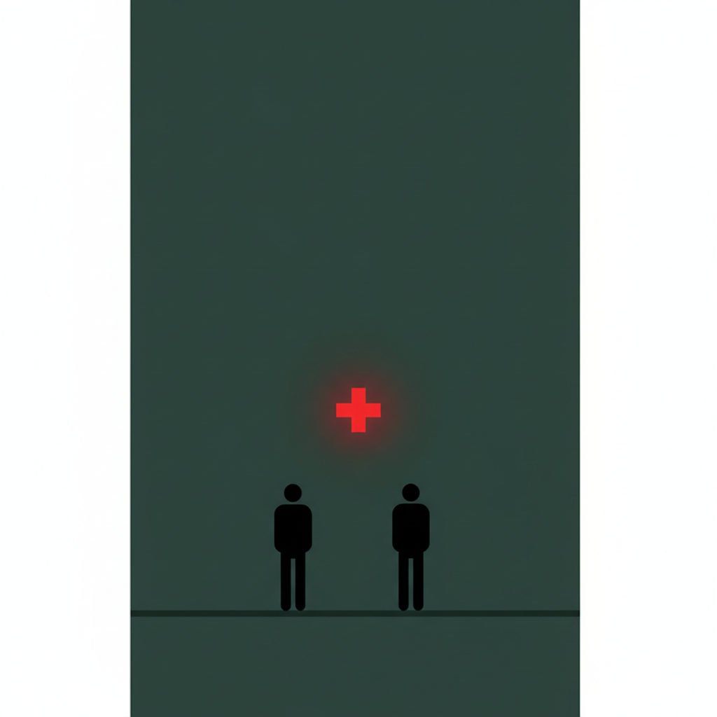 conceptual minimalist illustration of two silhouettes standing apart with a red medical cross symbol in the distance, dark green tones, flat design