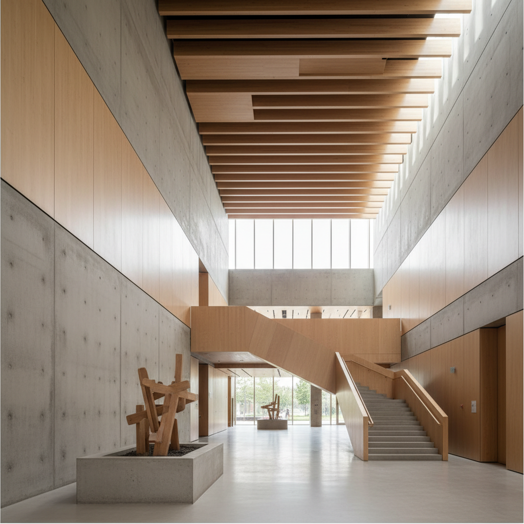 Abstract minimal architectural photography, bright natural light, concrete and wood materials, modern university atrium style, blurry background, high quality