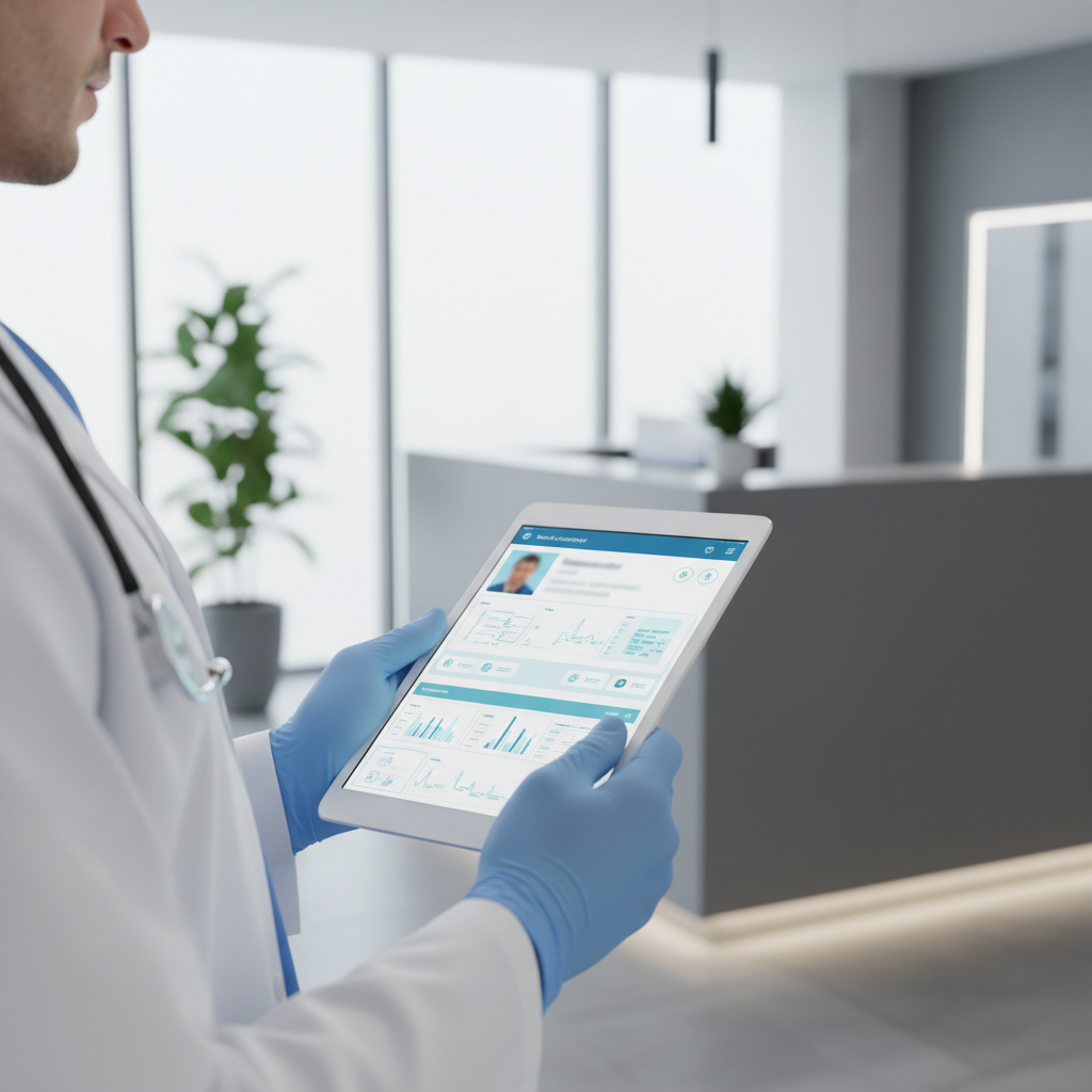 doctor using tablet for digital medical records in modern clinic, focus on screen data, professional