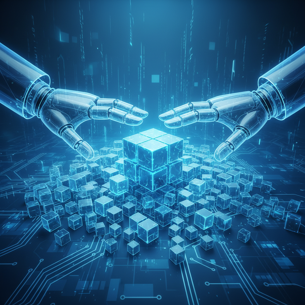 Conceptual illustration of digital compression: a large pile of glowing cubes being compacted into a neat, small package by transparent robotic arms, technological blue theme