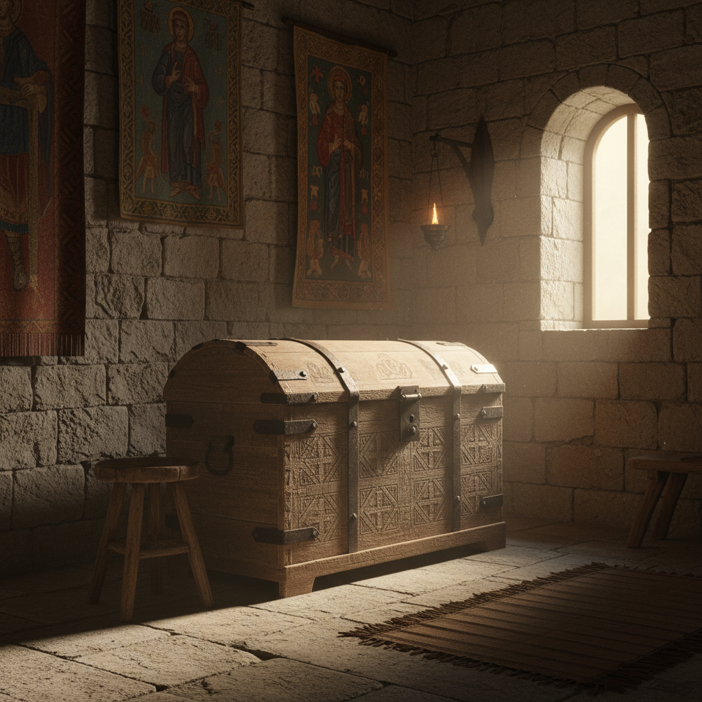Simple wooden byzantine chest and a small stool, medieval interior setting