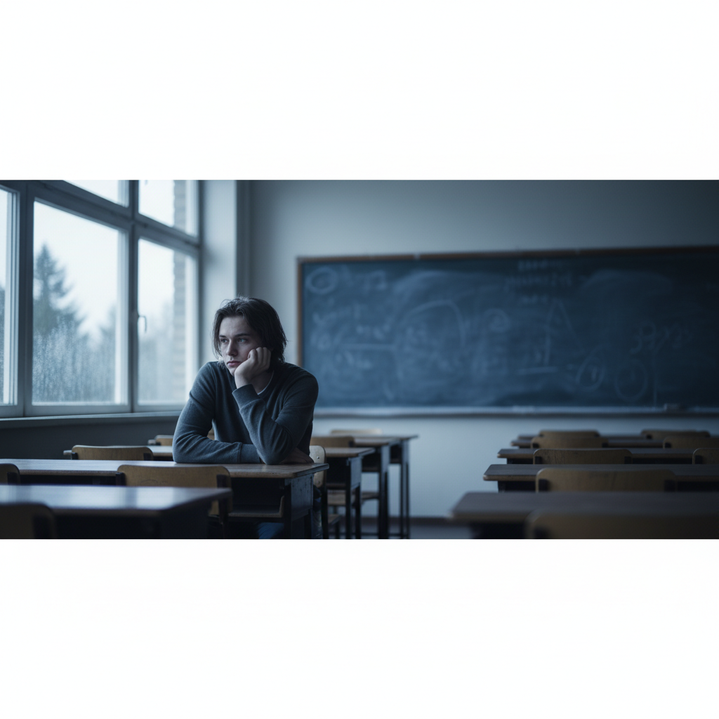 a bored student sitting in a classroom looking out the window, blurry blackboard in background, moody lighting, cinematic composition representing disengagement