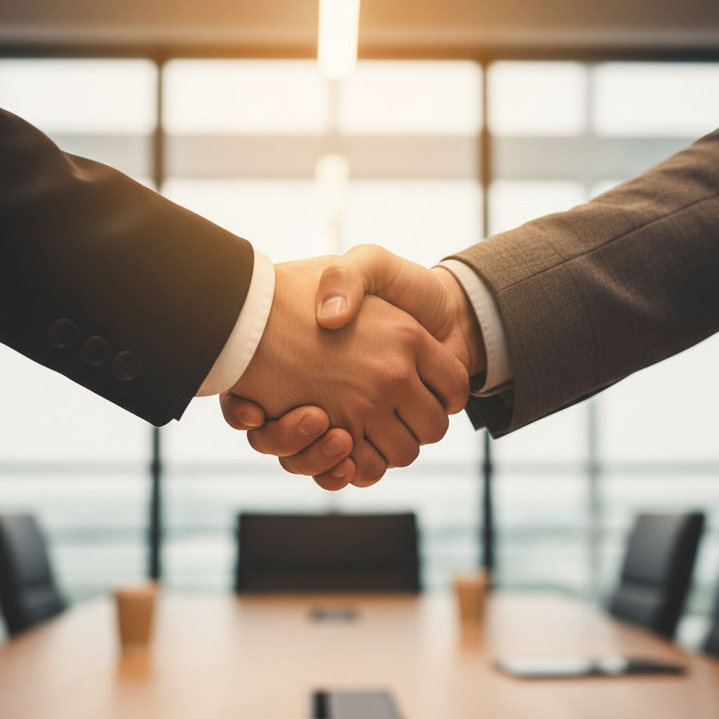 A friendly handshake close-up, warm professional lighting, symbolizing a successful partnership deal.