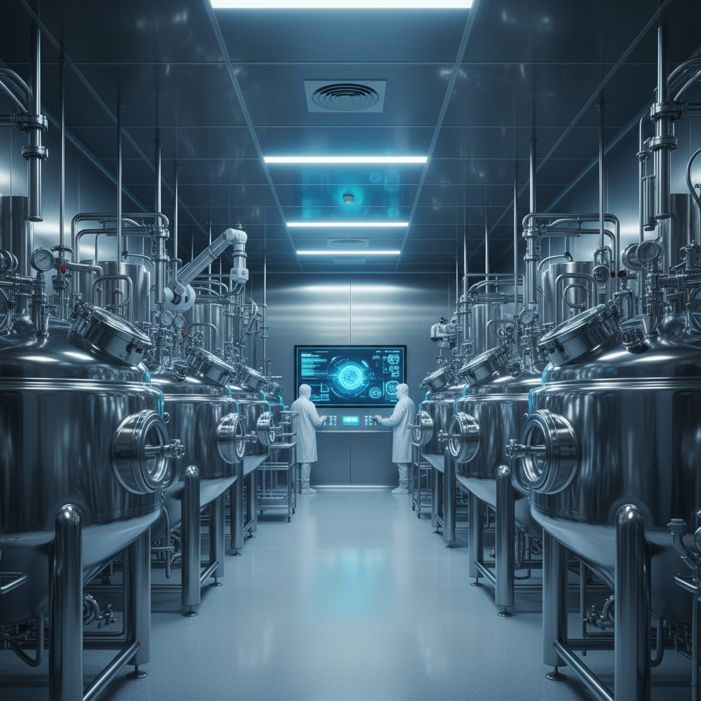 high tech laboratory stainless steel bioreactors fermentation tanks, blue lighting, clean industrial scientific photography, 8k resolution
