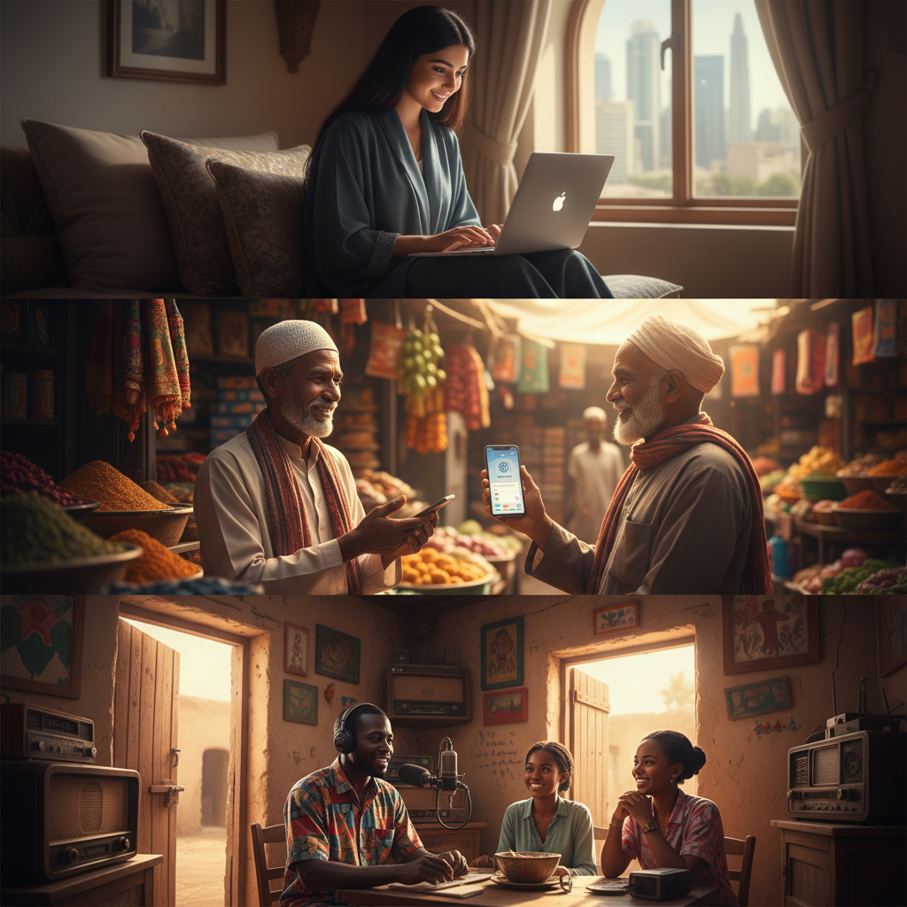 A heartwarming montage: a student in UAE on a laptop, an Indian shopkeeper using a smartphone payment app, and a community radio station in Mali, warm colors, connecting people, soft natural light