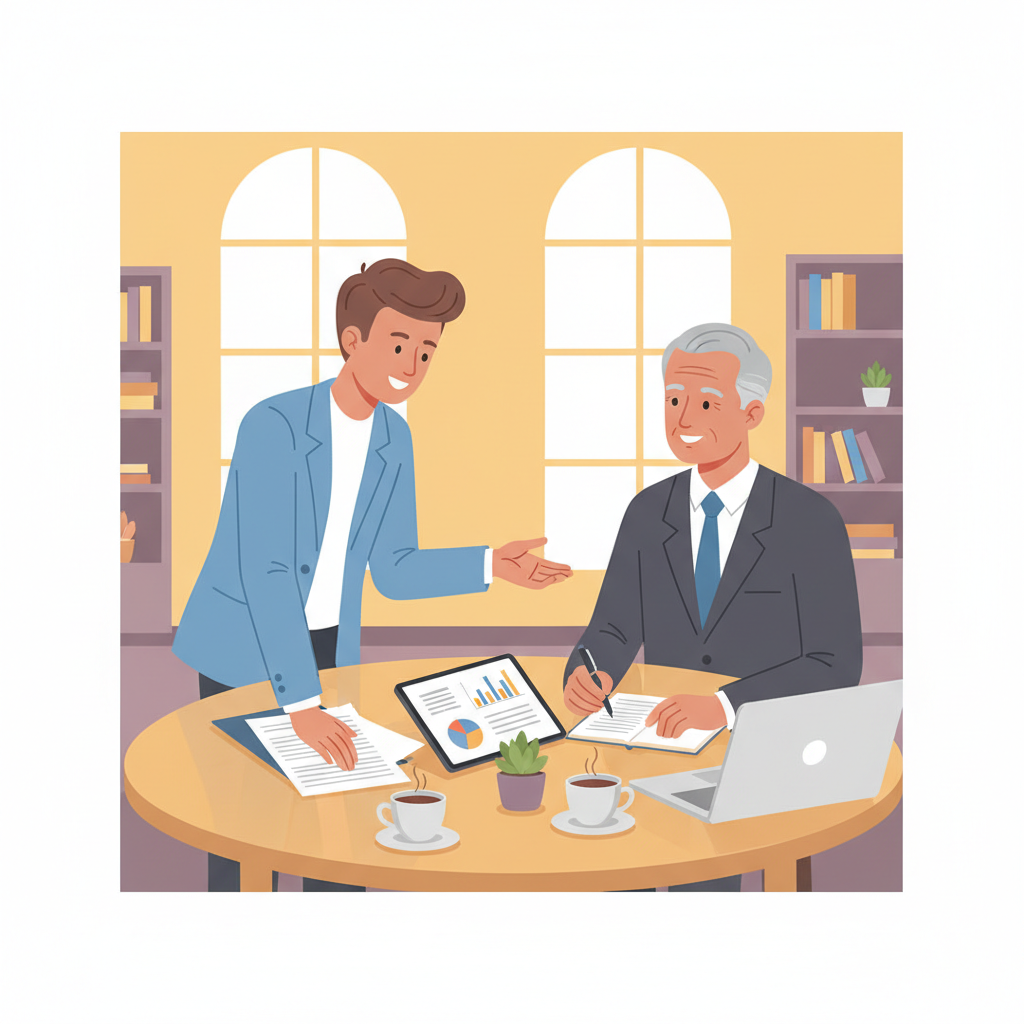 Illustration of a young person discussing business plans with an experienced mentor over a table, professional, warm lighting, flat design