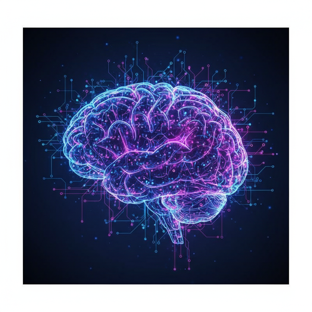 Abstract digital brain glowing with neural network connections, cybernetic blue and purple neon style