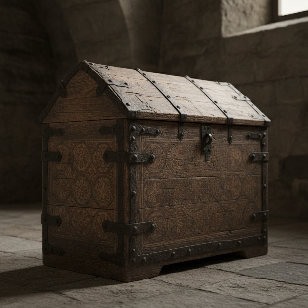 Byzantine wooden chest with gable lid resembling a sarcophagus, iron fittings, painted geometric rosettes on front, aged wood texture