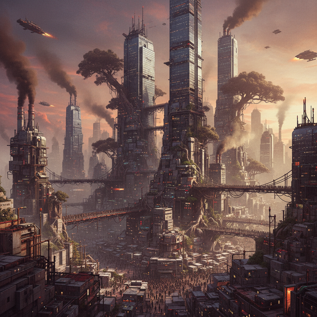 dense crowded cityscape with skyscrapers overtaking nature, pollution, overcrowding, stylized art, cinematic lighting