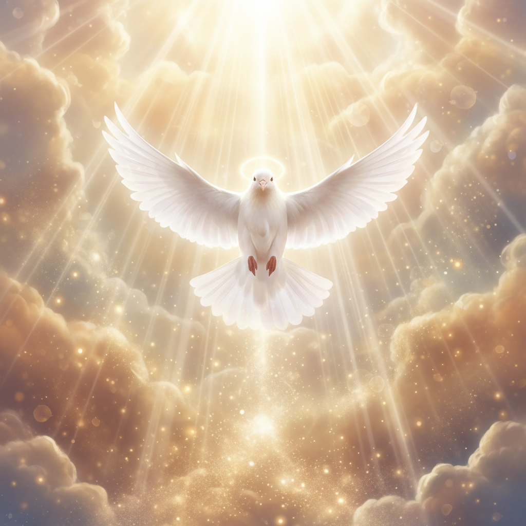 A glowing white dove flying amidst golden rays of light, ethereal and spiritual style, representing the Holy Spirit