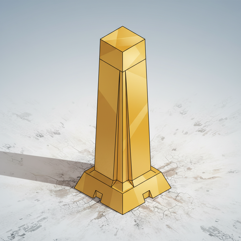 Minimalist illustration of a single large golden tower surrounded by an empty landscape, representing isolation and dominance of a monopoly, isometric view
