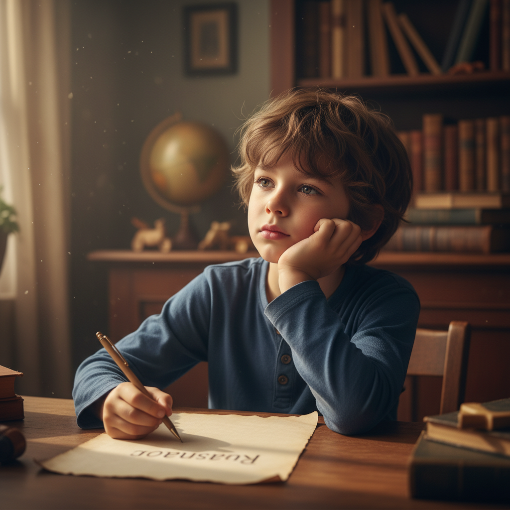 Boy looking thoughtful writing name on paper, cinematic lighting