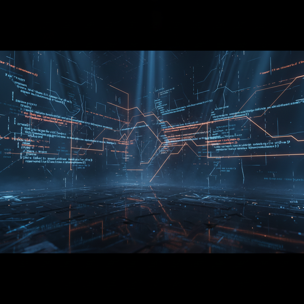 abstract futuristic java code background, dark blue and orange neon, cinematic lighting, high tech atmosphere, 8k