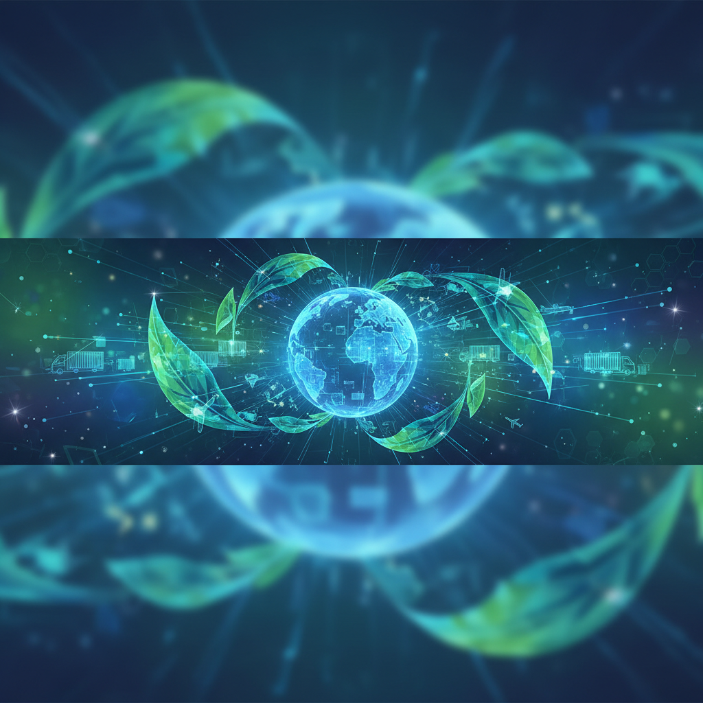 Abstract digital concept of global logistics, eco-friendly leaves and digital data lines connecting, symbolizing environment and technology