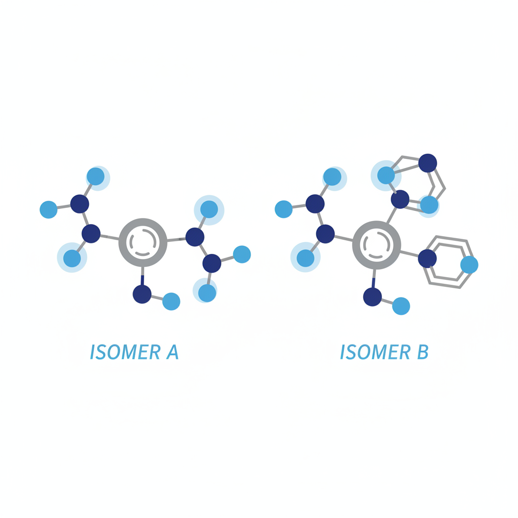 vector illustration of two chemical molecules that look similar but have different connections, scientific diagram style, minimal blue and grey