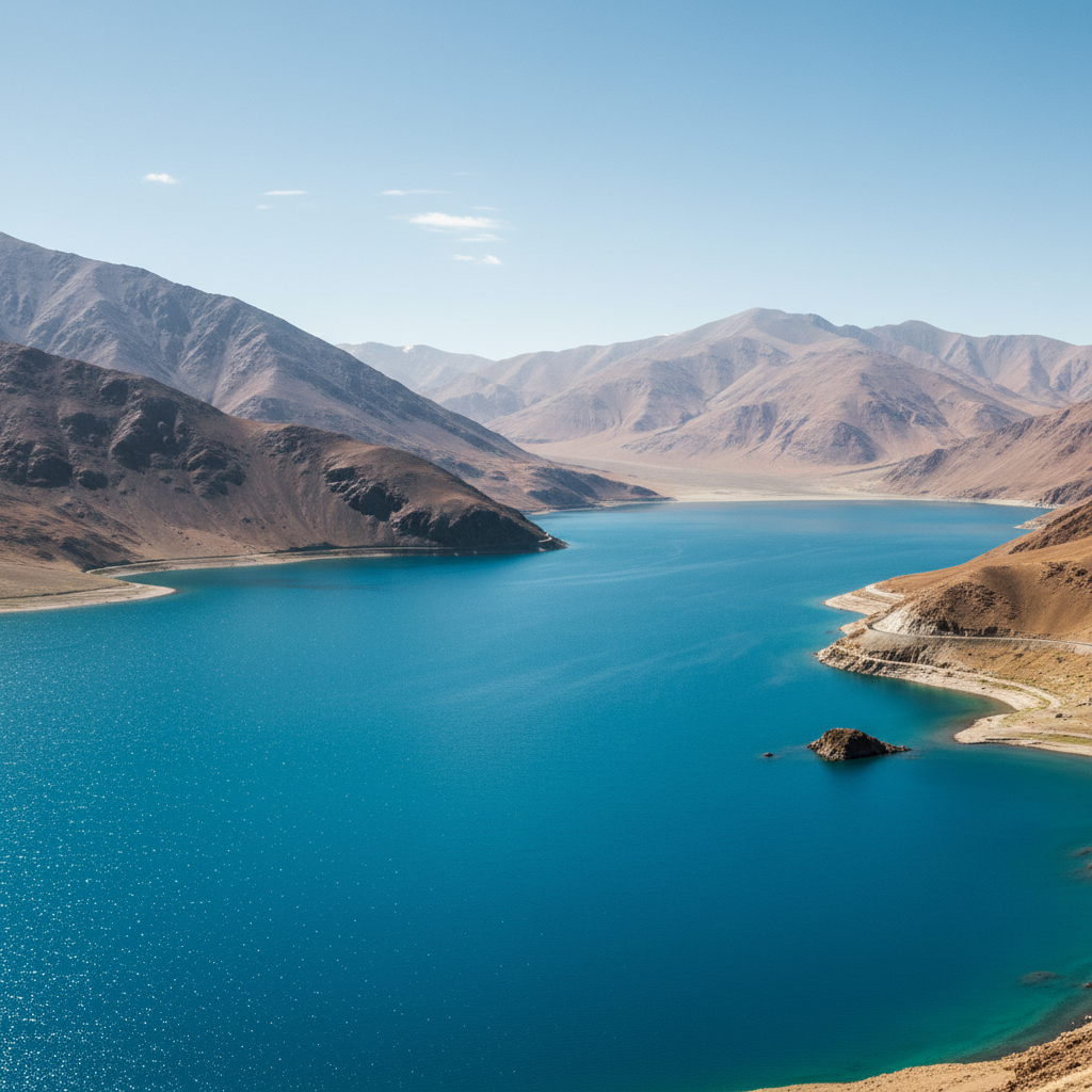 Pangong Tso lake in Ladakh, stunning turquoise blue water, surrounded by brown barren mountains, bright sunlight, photorealistic travel photography.