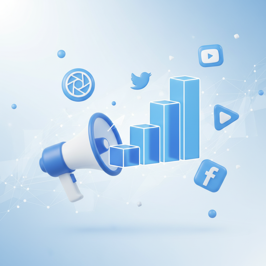 3D stylistic rendering of a megaphone and rising bar graphs, social media floating icons, blue and white color scheme