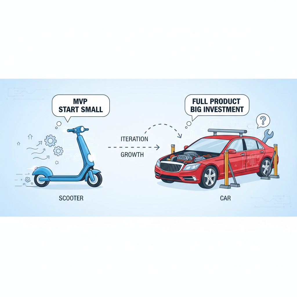 illustration comparing a scooter to a car, representing the concept of MVP minimum viable product starting small