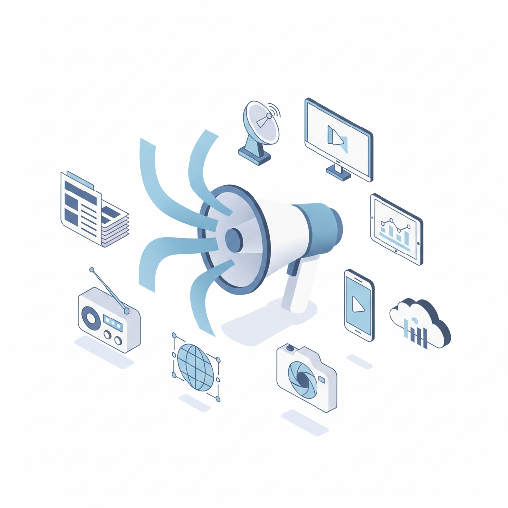 conceptual isometric illustration of a megaphone connecting to various media icons like newspapers and digital screens, clean corporate style, white background