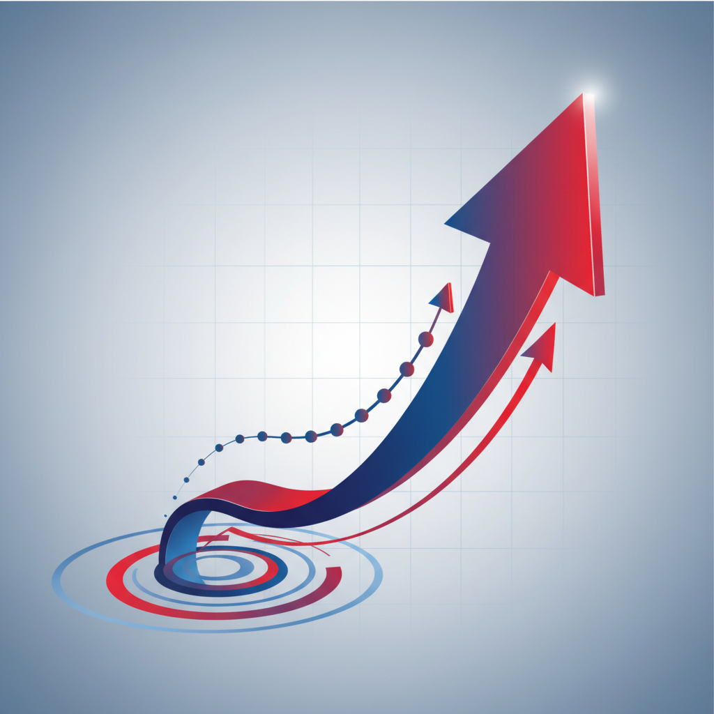 A conceptual business illustration showing a graph arrow going steeply upwards, representing rapid growth and success, corporate style, blue and red colors.