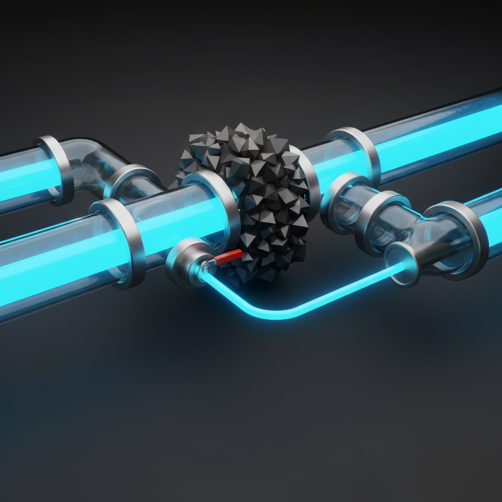 A pipe system carrying glowing blue liquid where a small, controlled valve allows a tiny stream to pass through a blockage, representing a 'leak' in the system, 3d render, abstract style