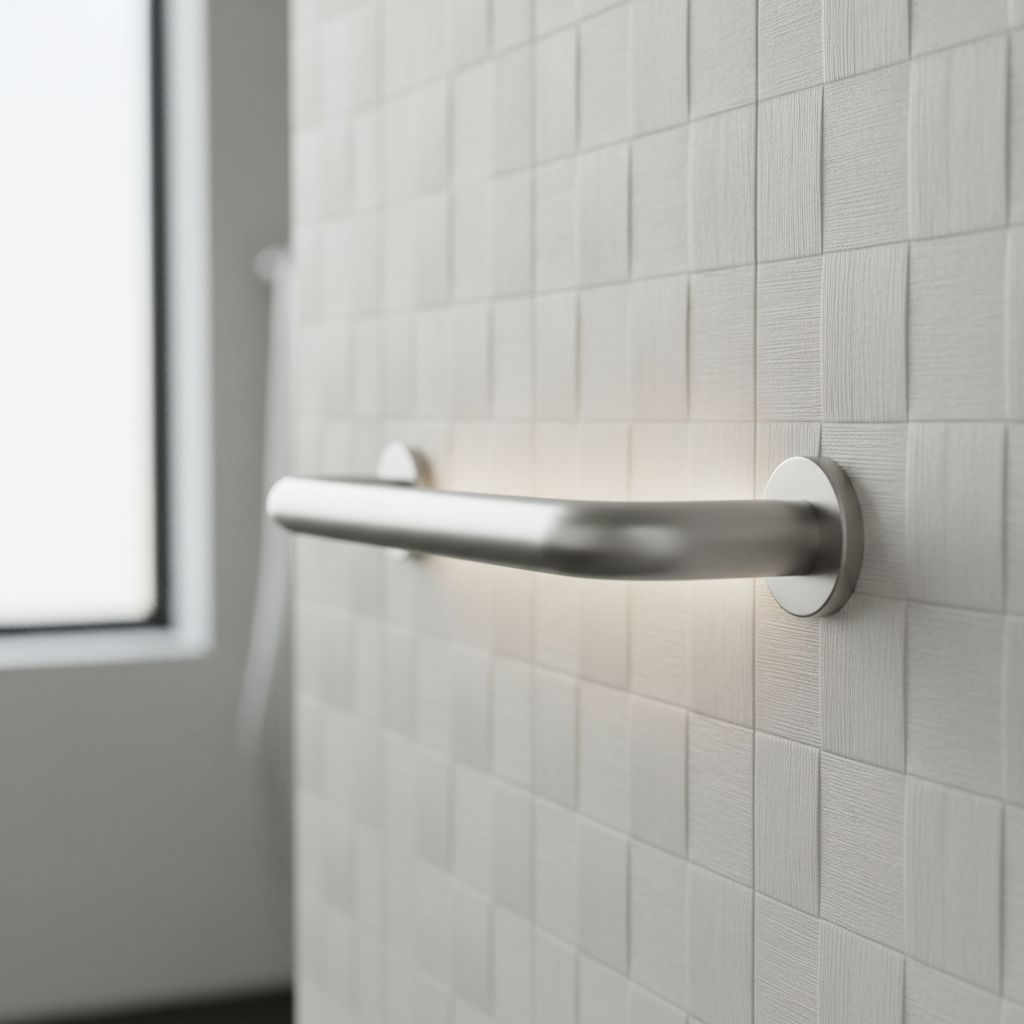 Cinematic product shot of a sleek matte-aluminum L-shaped bathroom grab bar that looks like a high-end luxury fixture, mounted on white textured tile, soft studio lighting