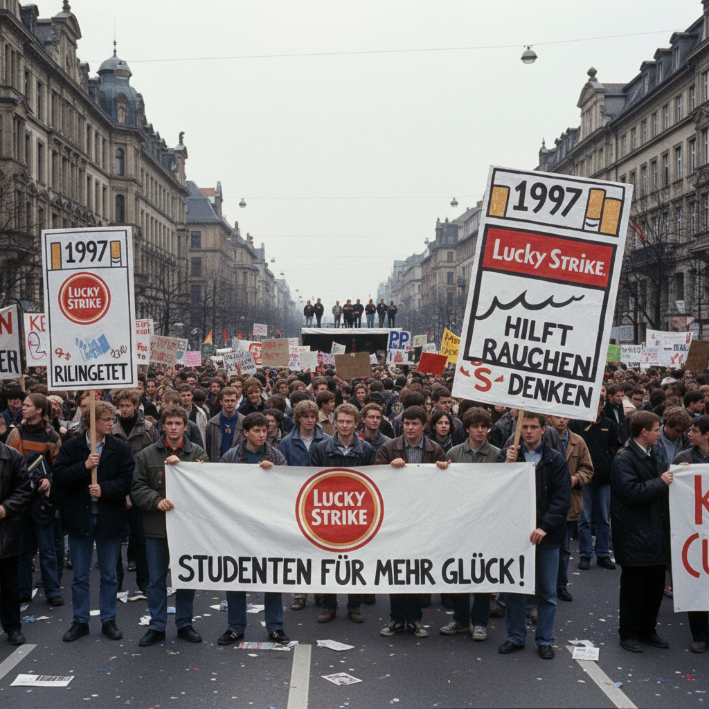 German student protest 1997 Lucky Strike banners