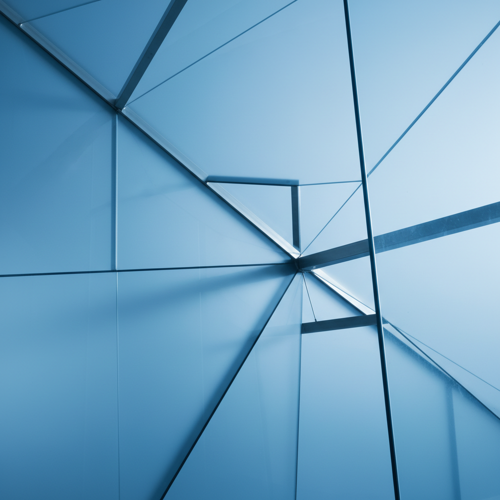 Abstract architectural photography involving glass and steel, symbolizing transparency and structure, blue tone, soft focus