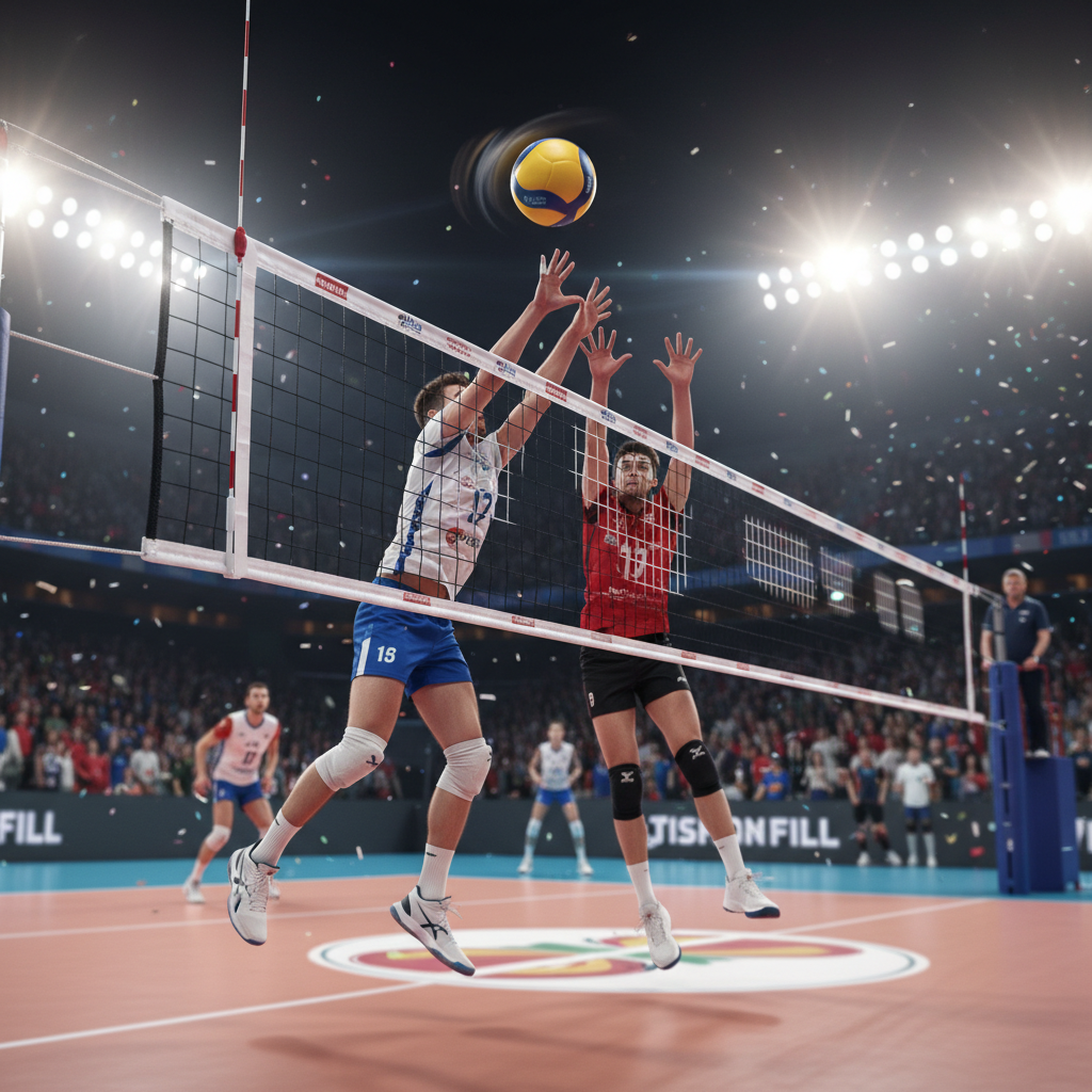 realistic photo of a professional volleyball match under stadium lights, focus on the net and ball in motion, dynamic angle, high detail, 8k