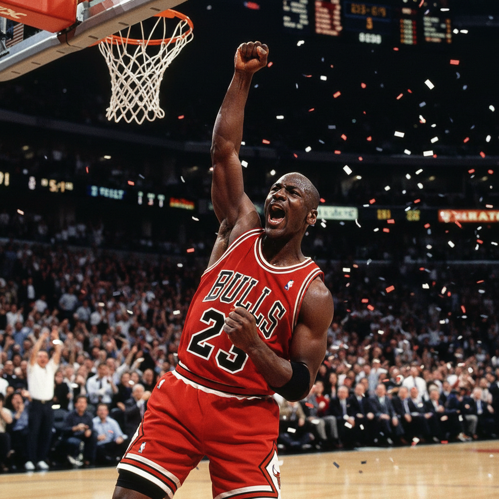 Michael Jordan celebrating passionately after a made basket, fist pump