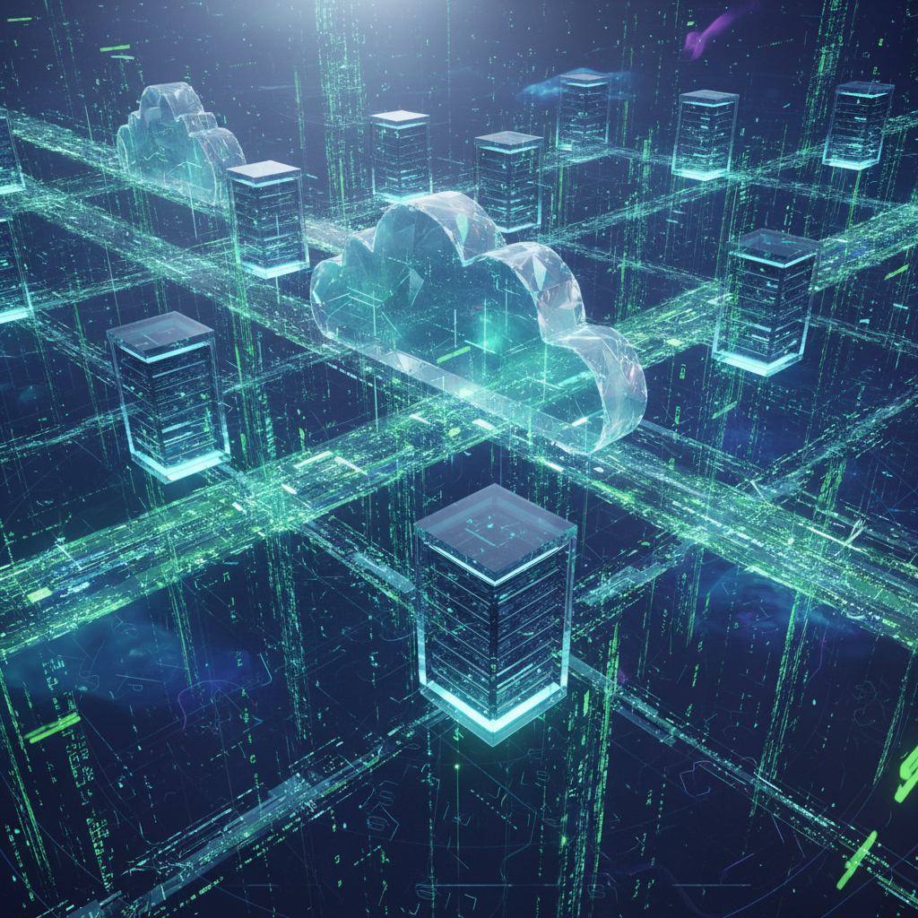 Futuristic concept art of a cloud server network seamlessly merging with code streams, glowing green and blue, high tech, clean 3D render.