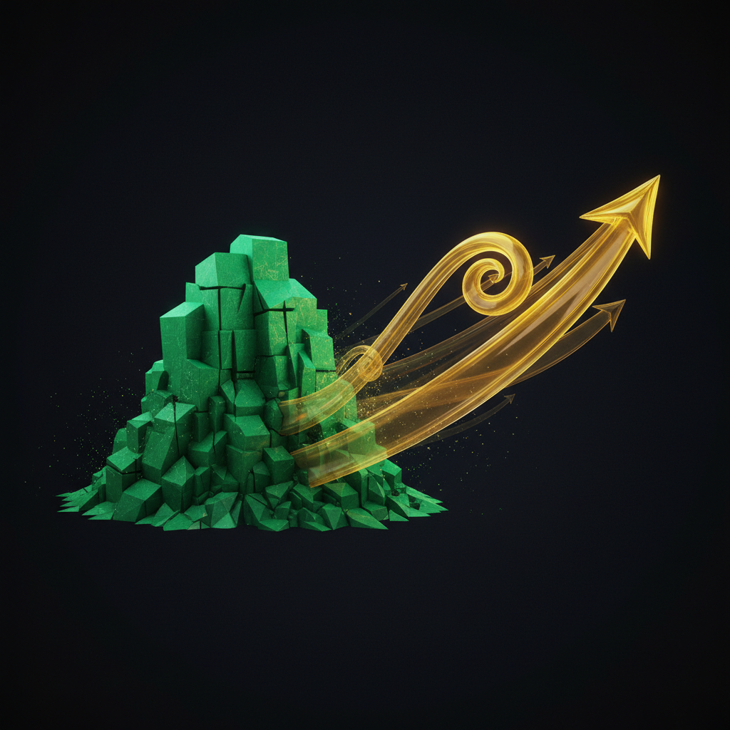 An abstract 3D comparison illustration showing a massive green solid geometric structure representing stability next to a sleek, fast-moving yellow energetic structure representing speed and growth, dark background, high quality