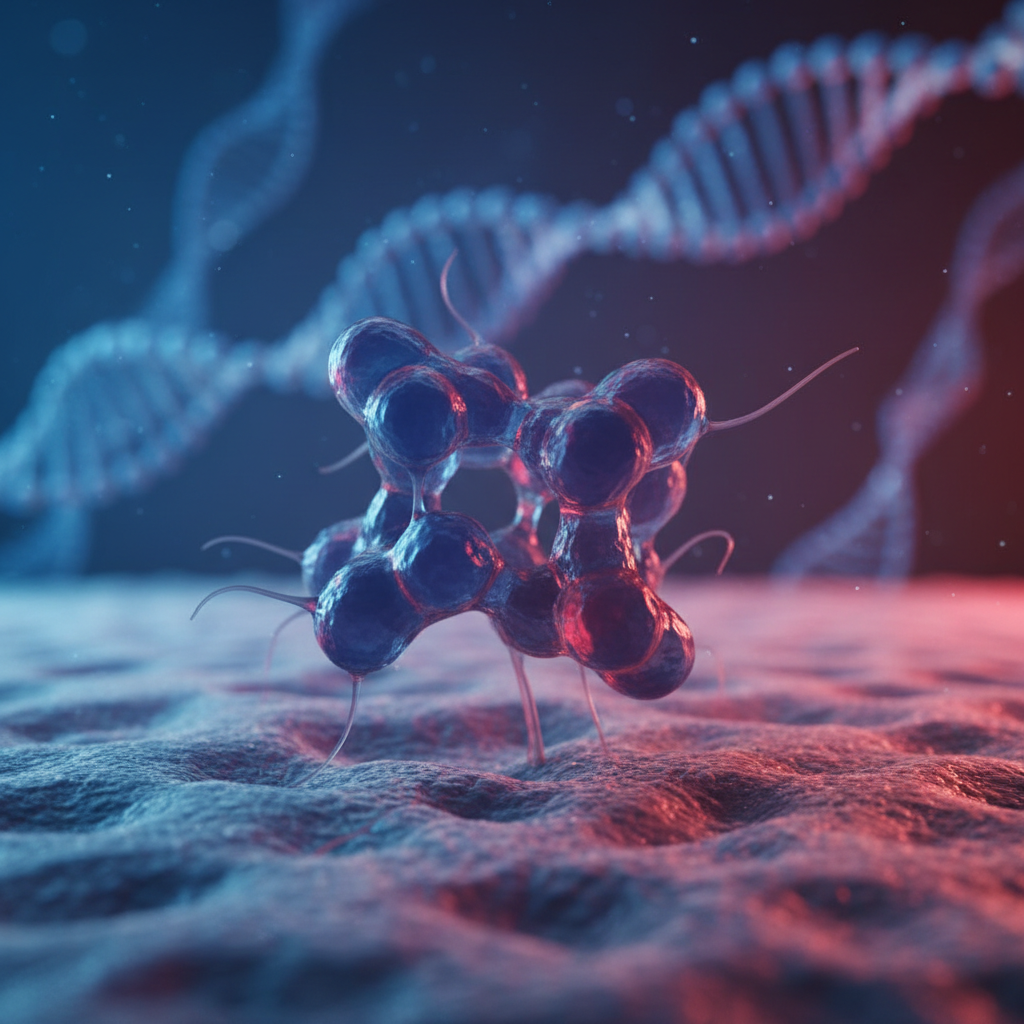 Medical 3D illustration of Rhesus Factor protein structure on cell surface, blue and soft red lighting, DNA strands in background, scientific aesthetic