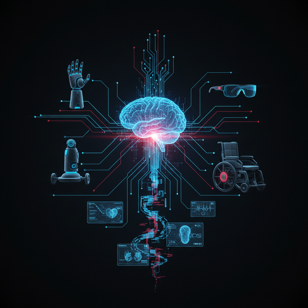 Futuristic visualization of IoT connecting assistive devices, digital medical interface, blue and red accents on black background