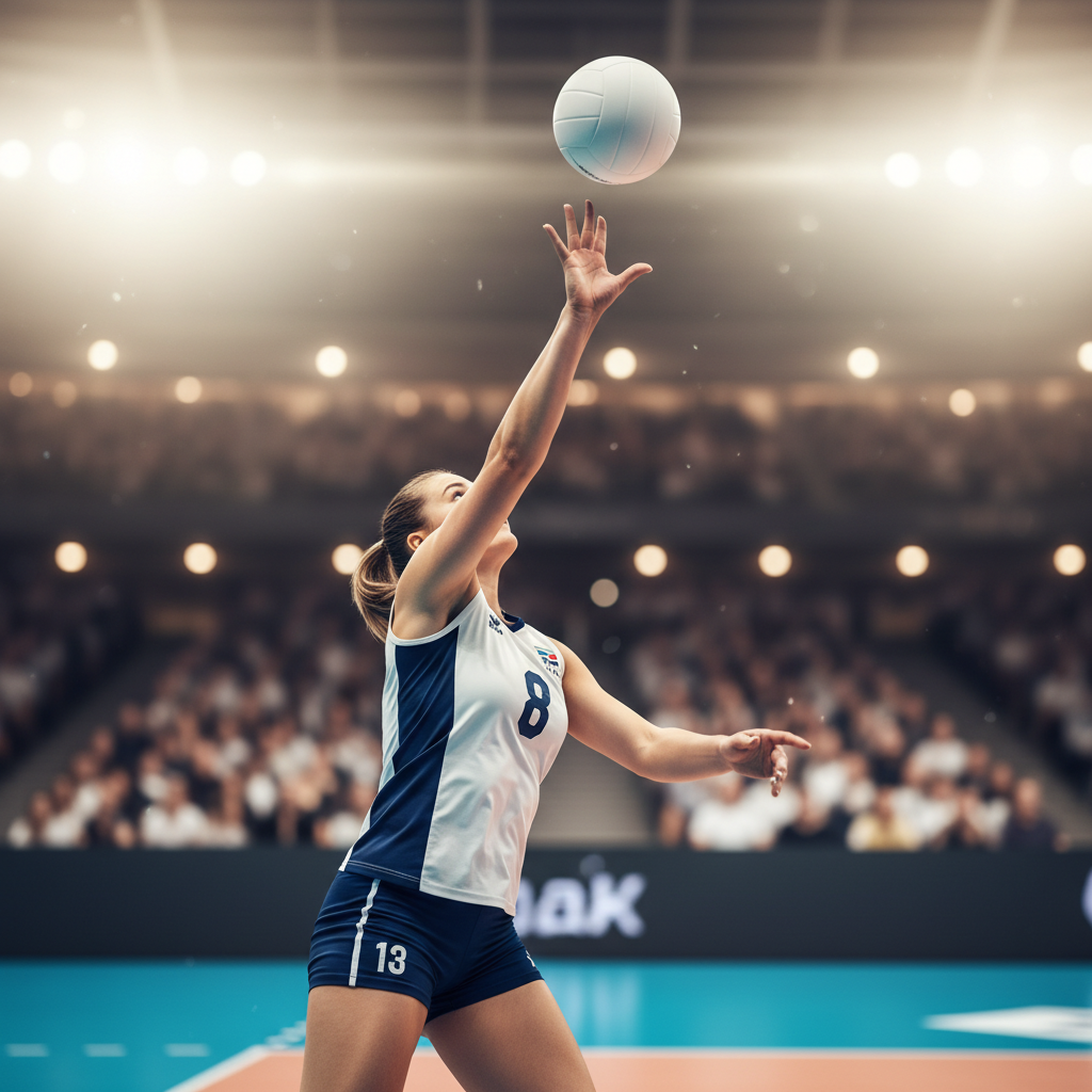 Close up of volleyball player serving, tossing the ball up, focus on the ball in air, stadium background