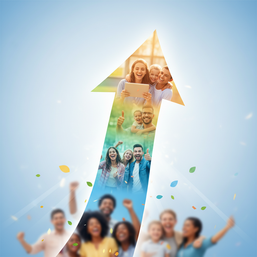 Upward trending arrow graphic mixed with happy customer imagery (blurred), symbolizing positive results and growth